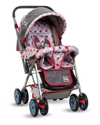Mee Mee Little Explorer Baby Stroller/Pram for 0 to 3 Years, New Born/Kids, 5 Point Safety Harness, Adjustable backrest, 360 Swivel Wheel, Large Storage Basket, Reversible Handlebar Net (Modern, Red)
