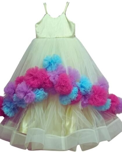 Sparkly and Playful Dress for 5-6Y | Light Yellow High-Low with Pom Poms