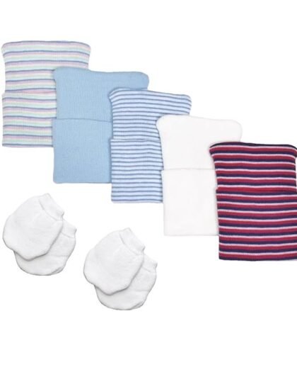 5 Piece Hospital Hat & Mitten Set for Newborn Baby (Boy) by Nurses Choice