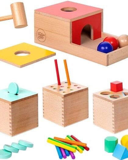 Pidoko Kids Montessori Toys for 1 Year Old - Wooden Object Permanence Box, Coin Drop, Color and Shape Sorter Top | Baby Toys 12-18 Months - 1st Birthday Gifts Boy Girl - Learning Toys for 1+ Year Old