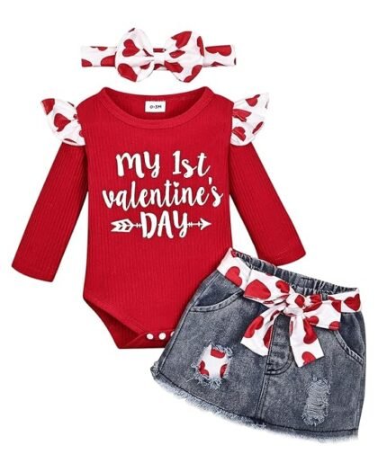 FOCUTEBB My Fisrt Valentine Day Outfit Infant Baby Girl Valentines Day Outfits Baby Girl Clothes Cute Love Heart Skirt Set