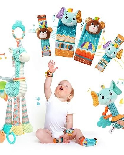 6 Pcs Newborn Montessori Hanging Toys for Stroller Crib and Car Seat, Baby Socks and Wrists Sensory Rattles Toys for Infant, Baby Toys 0-6-12 Months, Baby Boy and Girl Gifts