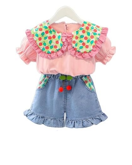 HONE BABY Cotton Japanese Collar Polka Print Top tshirt and Shorts Set Dress for Girls - Pink Color