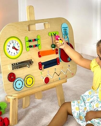 Little Ginnie Wooden Busy Board for Toddlers | 10-in-1 Wooden Educational Toy with Clock, Zipper, Gear, Puzzle & More for Fine Motor Skills & Cognitive Development -Multicolor