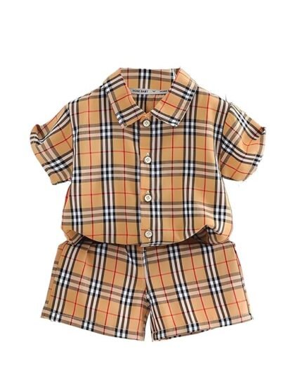 HONE BABY Co-ord Cotton Shirt and Pant Shorts Clothing Set for Baby Boys & Girls - Unisex Check Design in Coffee Color