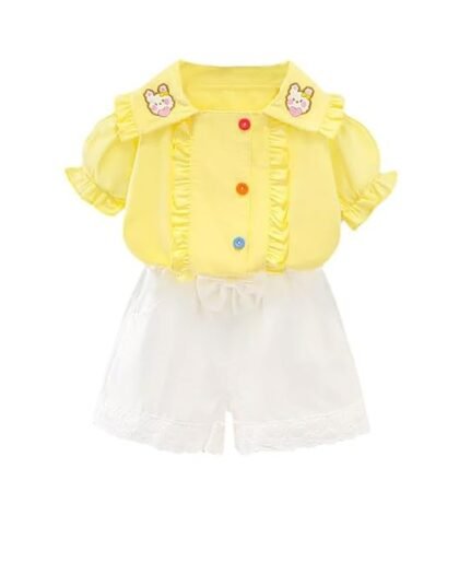 HONE BABY Cotton Cute Teddy Print Top tshirt and Shorts Set Dress for Girls - Yellow Color