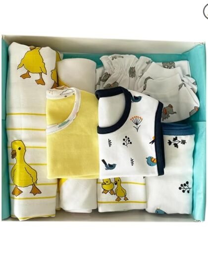 TINYLANE - Curated For You! Newborn Baby Products Gift Set (13 Pcs), Essential Clothing Gift Kit For Infants Of 0-3 Years, Swaddles, Bibs, Cap, Booties, Mittens & Washcloths, Ideal Baby Shower Gift Pack