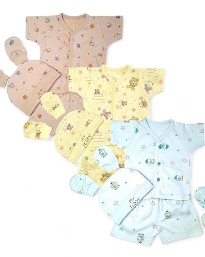 Cloth Set for Newborn Baby Front Open Full Sleeves Jhabla Vest/T-Shirt, Pajama Pants, Cap (9-Piece Set) - Cotton, Assorted Print, Skin-Friendly 0-6 Months