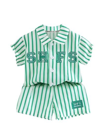 HONE BABY Co-ord Cotton Shirt and Pant Shorts Clothing Set for Boys - Stripes Design in Green Color