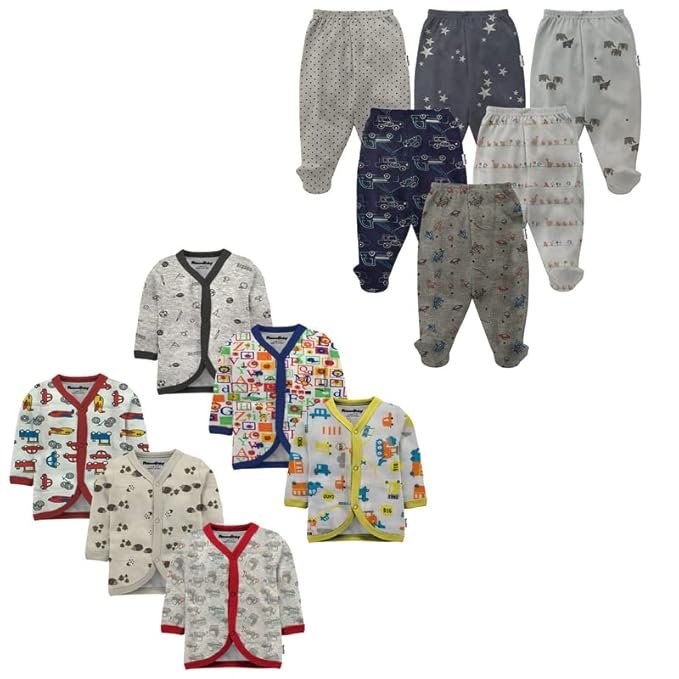 NammaBaby New Born Baby Combo Set Cotton Front Open Full Sleeves Vest- Tshirt Jhabla (6PC) and Unisex Kid's Pajama with Booties (6PC)- Perfect for Your Infants with Cutely Print (12 Pieces)