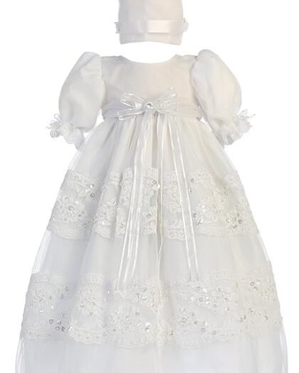 Baby Girl White Organza with Lace Trim Gown Christening Baptism Hat Set