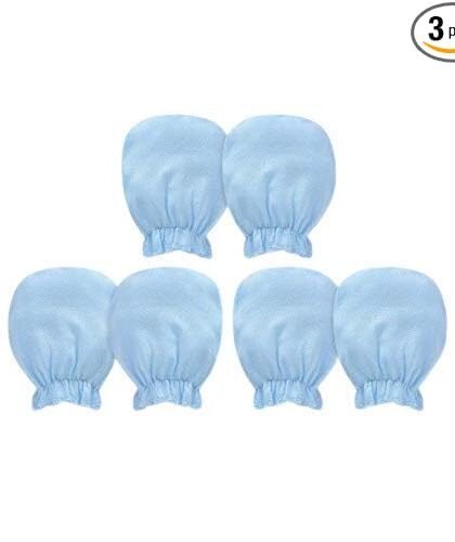 Baby Mittens No Scratch 100% Cotton for Newborn Baby Boys (Blue, Pack of 3)