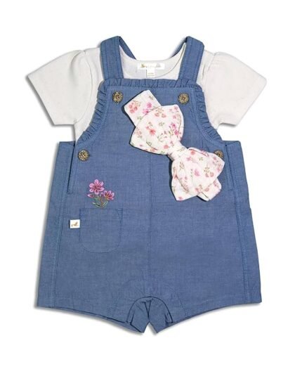 Ohmybebe Floral Chambray Denim Dungaree Set for Baby – 3-Piece Set with Flower Embroidered Overalls, Soft Pointelle Rib Tee, Floral Bow Headband, Made from 100% Organic Cotton