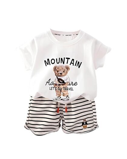 HONE BABY Hosiery Cotton Teddy Bear Design tshirt and Shorts Clothing Set for Baby Boys - White Color