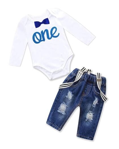 Toddler Baby Boy Birthday Clothes Set Bowtie Romper Suspenders Ripped Denim Pants Outfits