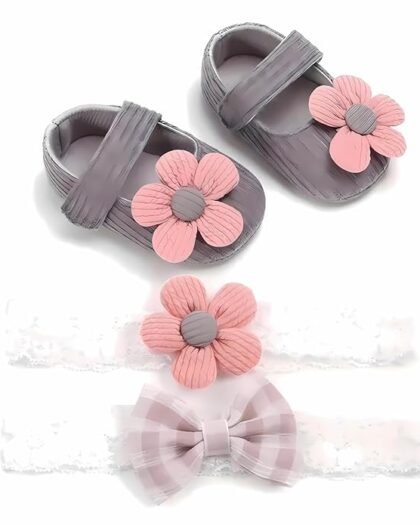 Pavilea Infant Booties | Skin Friendly Cotton | Non-Slip Rubber Soles, Easy-Fit for Early Walkers | Baby Booties | Hairband & Booties Color Set | Newborn Baby Shoe, Kids Shoe, Baby Girl Shoes