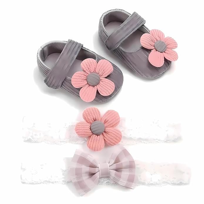 Pavilea Infant Booties | Skin Friendly Cotton | Non-Slip Rubber Soles, Easy-Fit for Early Walkers | Baby Booties | Hairband & Booties Color Set | Newborn Baby Shoe, Kids Shoe, Baby Girl Shoes