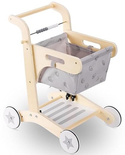 umu Baby Doll Stroller – Large Toy Storage Stand & Learn Push Walker Toy for Toddlers 1-3Years Old,Sturdy and Safe Around we go Wooden for Baby Dolls Walkers Shopping Cart with Wheels for Kids