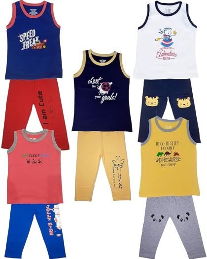 TotzTouch Baby | Kids Sleeveless T Shirt Pajama Pant Set Cotton Combo Pack of 5 with Cute Prints
