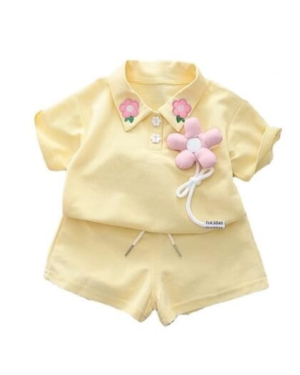 HONE BABY Hosiery Cotton Stylish Flower Broach Top tshirt and Shorts Set Dress for Baby Girls - Yellow Color