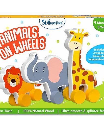 Skillmatics Wooden Animal Toys on Wheels, Imaginative Play for Toddlers, Educational Gifts for Infants 9 Months to 3 Years