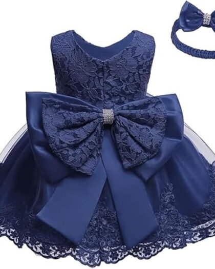 0-2T Big Bowknot Toddler Baby Girls Photo Shoot Pageant Party Lace Dress with Headwear
