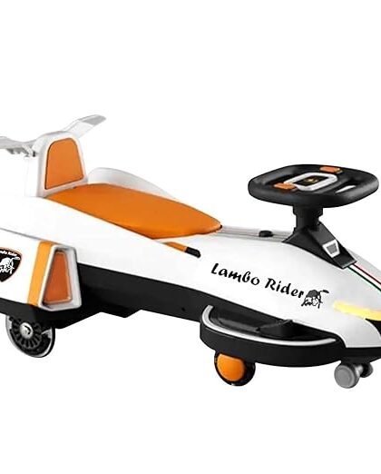 Kidsmate Lambo Rider 2-in-1 Electric & Manual Swing Car | Battery-Operated Ride-On for Kids 1-4 Years | LED Lights, Music & Smooth PU Wheels for Endless Fun - White