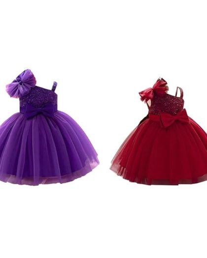 Niren Enterprise Baby Girl's Knee Length Frocks with Embroidered Net in Purple & Red (6-12 Months).