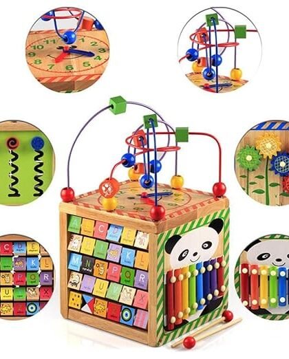 CLUB BOLLYWOOD® Baby Wooden Activity Cube Play Maze Educational Bead Center Toy 5 Sides Fun|Baby | Toys for Baby | Developmental Baby Toys|1xBead Maze Cube Toy