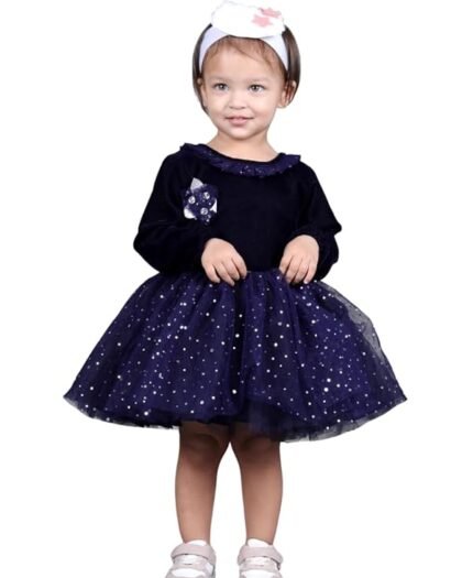 PRIMROSES Navy Velvet Frock | Regular | Round Neck | Full Sleeves