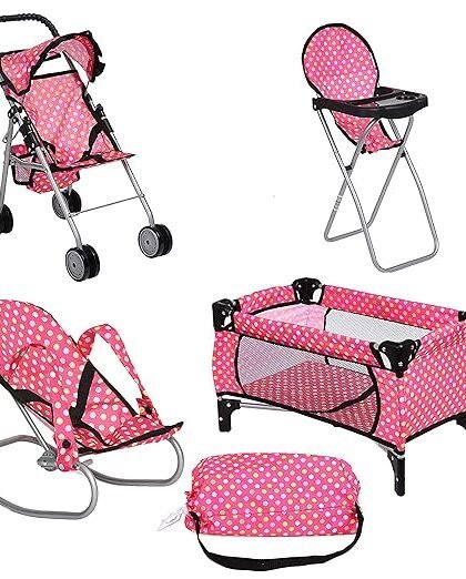 Doll Play Set 4 in 1 Doll Set, 1 Pack N Play. 2 Doll Stroller 3.Doll High Chair. 4.Infant Seat, Fits Up to 18'' Doll