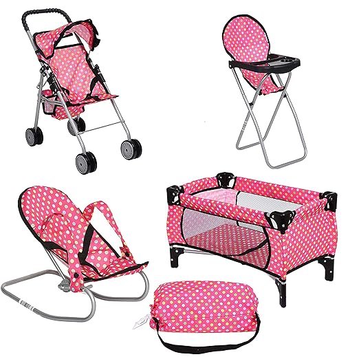 Doll Play Set 4 in 1 Doll Set, 1 Pack N Play. 2 Doll Stroller 3.Doll High Chair. 4.Infant Seat, Fits Up to 18'' Doll