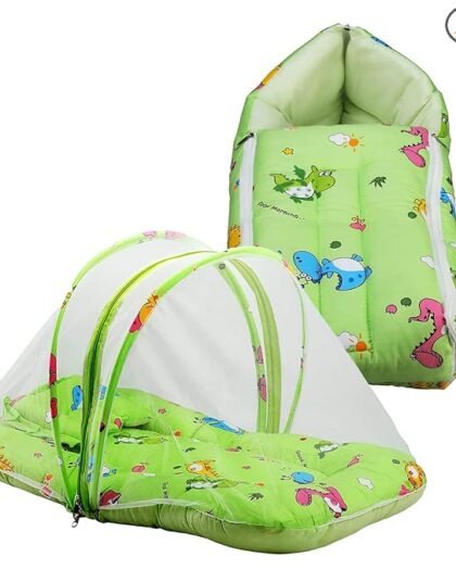 LuvLap Cotton Baby Mattress with Mosquito Net & 3 in 1 Baby Sleeping Day_Bed Bag Cum Carry Nest Combo, Dino Print, 78X45X40Cm (Light Green)