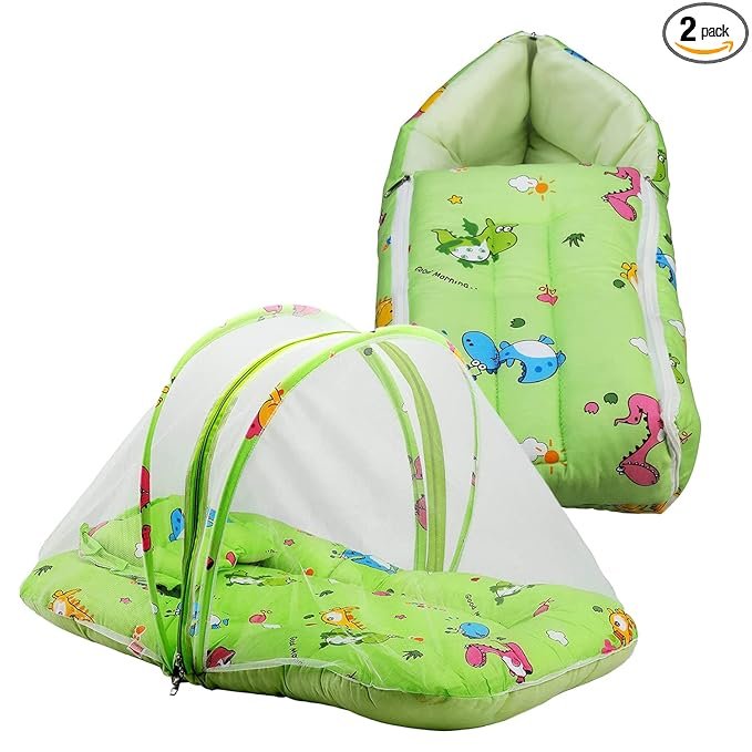 LuvLap Cotton Baby Mattress with Mosquito Net & 3 in 1 Baby Sleeping Day_Bed Bag Cum Carry Nest Combo, Dino Print, 78X45X40Cm (Light Green)