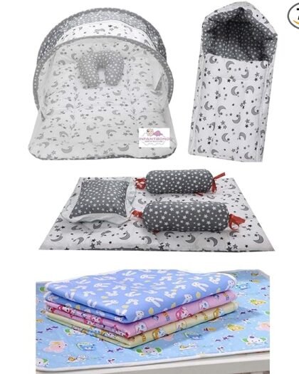 Infantbond Combo of Baby Mattress with Net | Sleeping Bag | 4 Pcs Bedding Set | 4 Waterproof Sheets(0-6 Months, Moon Grey, Baby Size, Cotton)