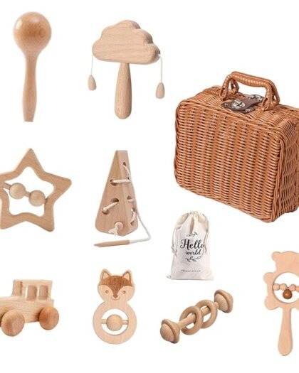 Enakshi (LABEL) Creations 8Pcs Wood Toy Rattles with Pouch Montessori Toys for Girls Boys 6-12 Months