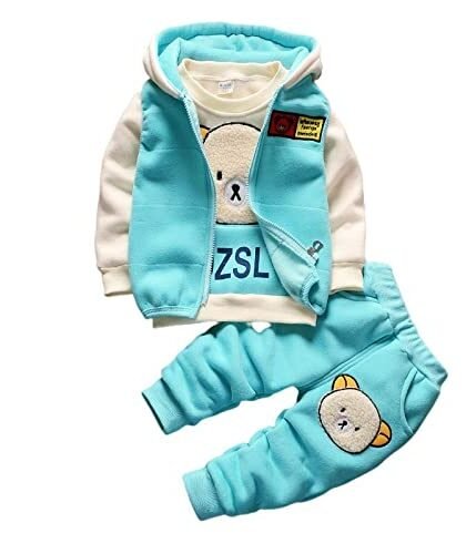Bold N Elegant 3D Fur Bear Cartoon Thick Winter Warm T-shirt Pant with Hood Jacket 3 Pc Clothing Set for Infant Toddler Kids